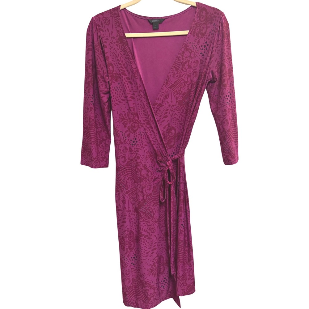 Express Faux Wrap Paisley Magenta Dress 3/4 Sleeve V-Neck Stretch Small
